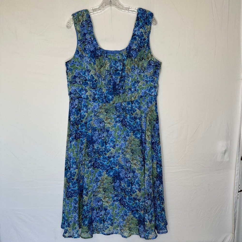 Dressbarn Womens 16 Blue Floral Pleated Square Neck Sleeveless A-Line Midi Dress